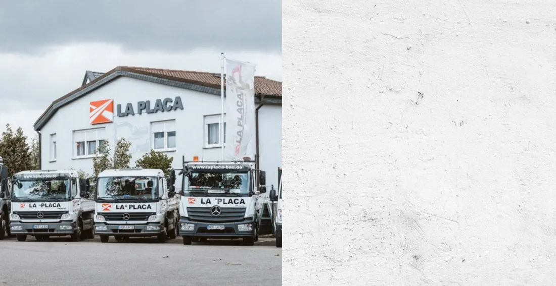 Ausschnitt der Website von La Placa, Bochum: Vier beschriftete Lkw vor dem Firmensitz — Kapazität und feste Adresse werden sichtbar, der Besucher muss nichts raten.