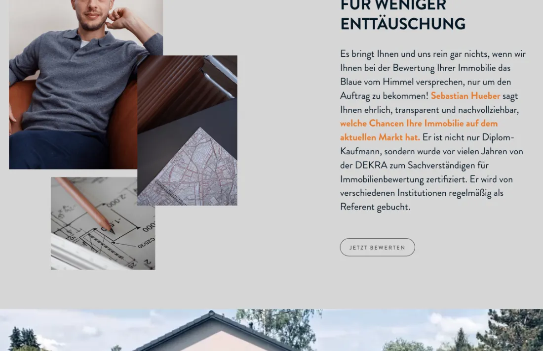 Ausschnitt der Website von Lehmann Hueber Immobilien GmbH, München: Ehrliche Marktchancen plus DEKRA-Zertifizierung genannt — der Besucher erkennt prüfbare Kompetenz statt bloßer Behauptung.