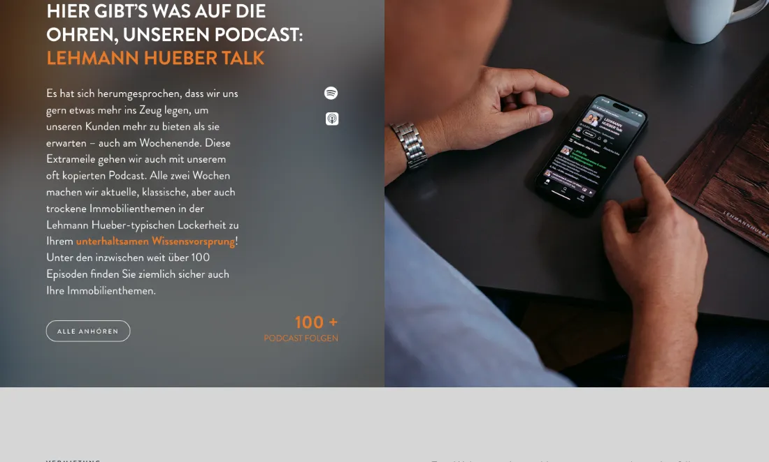 Ausschnitt der Website von Lehmann Hueber Immobilien GmbH, München: 100+ Folgen und ein Rhythmus alle zwei Wochen — wer recherchiert, findet verlässliche Inhalte und kann sofort starten.