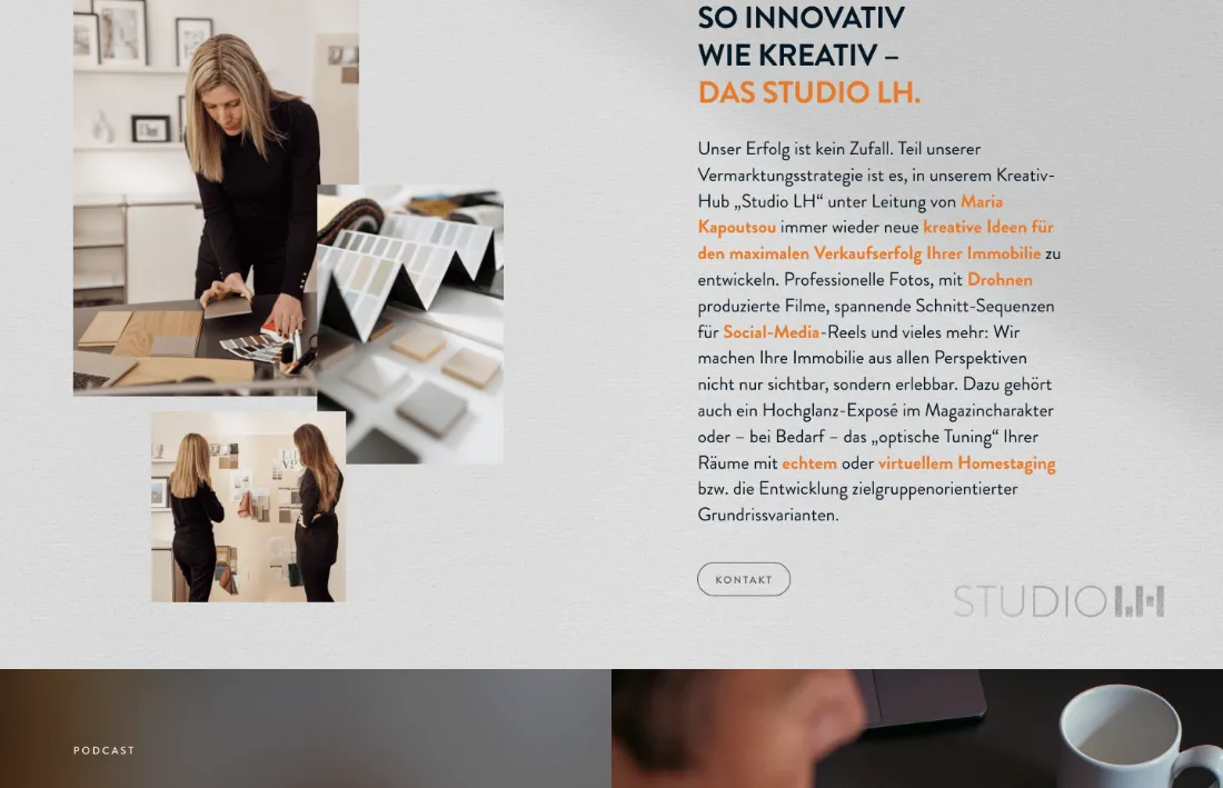 Ausschnitt der Website von Lehmann Hueber Immobilien GmbH, München: Fotos, Drohnen, Reels, Exposé und Homestaging klar aufgelistet — der Besucher versteht den Vermarktungsumfang ohne Nachfragen.