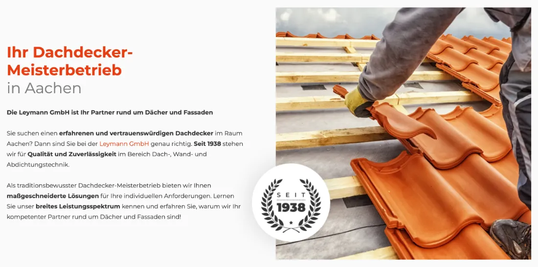 Ausschnitt der Website von Leymann GmbH, Aachen: Ort und Leistung stehen vorn, dazu die Zahl 1938 im Siegel — wer sucht, erkennt Einzugsgebiet und lange Betriebserfahrung.