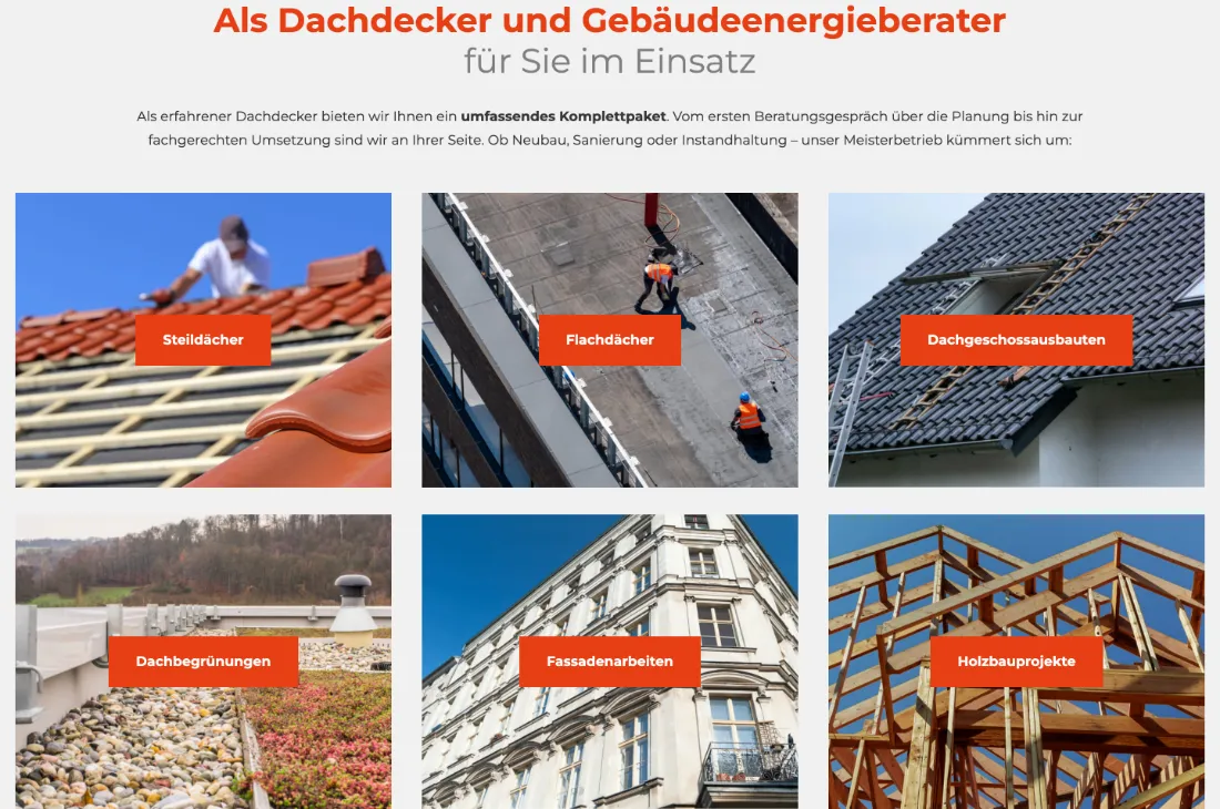 Ausschnitt der Website von Leymann GmbH, Aachen: Sechs große Kacheln mit klaren Begriffen — der Besucher überblickt das Leistungsspektrum auf einen Blick und klickt direkt weiter.