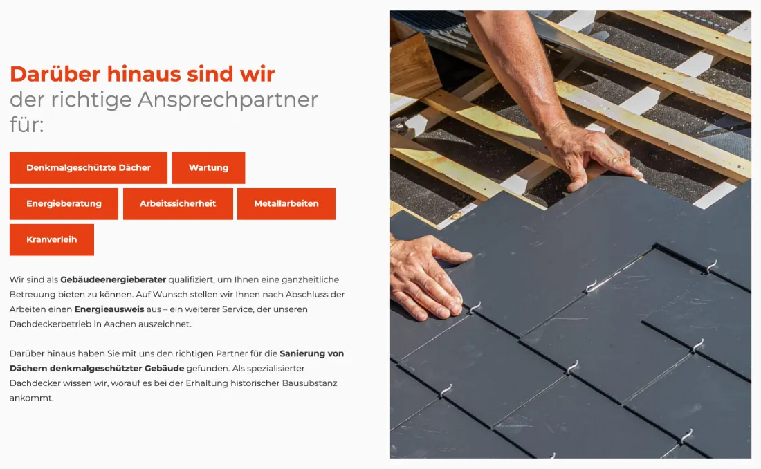 Ausschnitt der Website von Leymann GmbH, Aachen: Sechs Zusatzleistungen als Buttons — wer gezielt sucht, findet Energieberatung, Kranverleih oder Denkmalschutz ohne Scrollen.