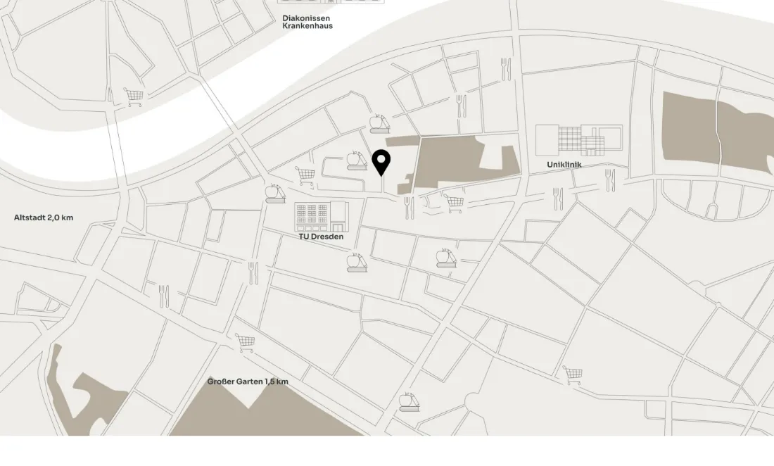 Ausschnitt der Website von HBH Immobilien GmbH, Dresden: Karte mit klaren Icons und Distanzen: Altstadt 2,0 km, Großer Garten 1,5 km — wer vergleicht, schätzt Wege im Alltag realistisch ein.