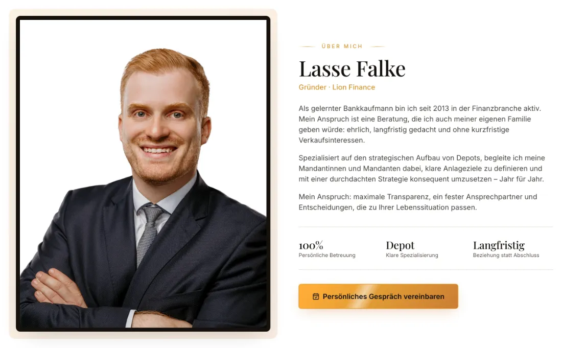 Ausschnitt der Website von Lion Finance UG, Kreis Plön: Startjahr 2013 und Fokus auf Depotaufbau stehen klar im Text — der Besucher erkennt Tätigkeit und Erfahrung ohne Nachfragen.