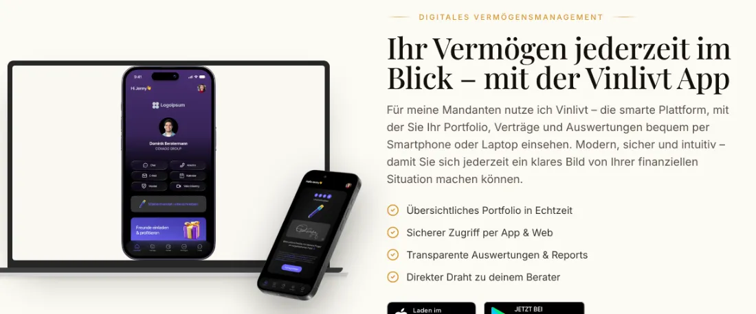 Ausschnitt der Website von Lion Finance UG, Kreis Plön: Vier Häkchen fassen Funktionen zusammen — der Besucher sieht sofort: Portfolio live, sicherer Zugriff, Auswertungen, direkter Draht.
