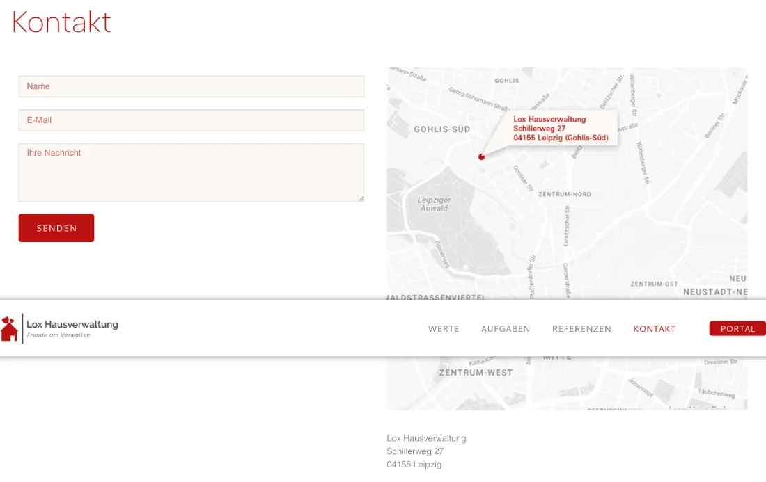 Ausschnitt der Website von Lox Hausverwaltung, Leipzig: Nur drei Felder im Kontaktformular und ein klarer Senden-Button — wer anfragt, ist in 30 Sekunden fertig.
