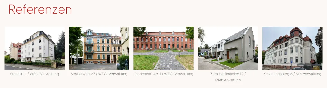 Ausschnitt der Website von Lox Hausverwaltung, Leipzig: Fünf Objekte mit Adresse und Verwaltungsart — der Besucher erkennt auf einen Blick, ob die Erfahrung passt.