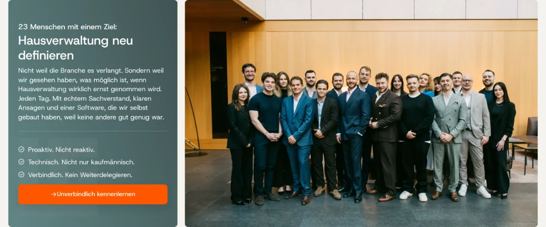 Ausschnitt der Website von LPE Immobilien Management GmbH, München: Zahl 23 und drei klare Prinzipien in Stichpunkten — wer prüft, sieht Teamgröße und Arbeitsweise ohne langes Lesen.