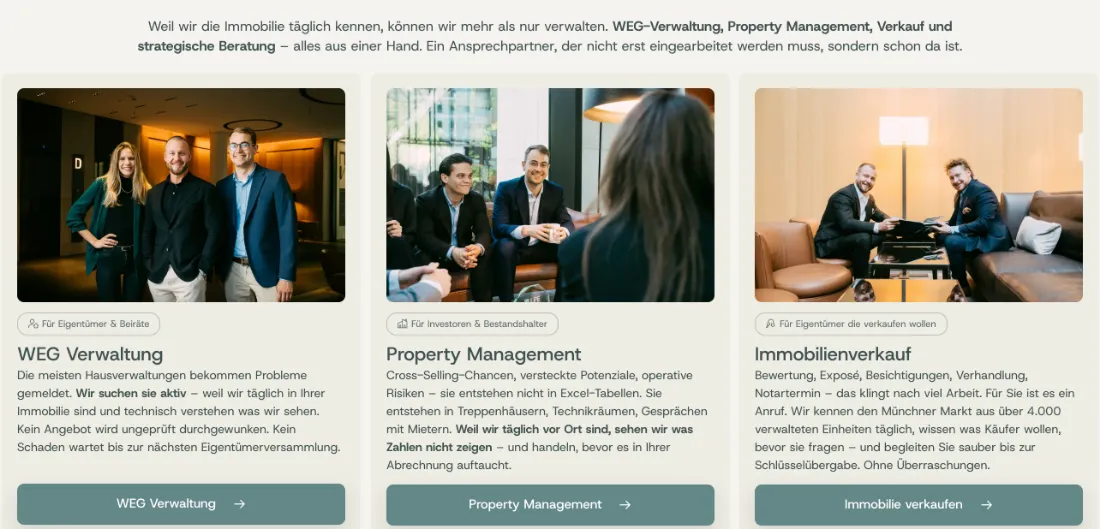 Ausschnitt der Website von LPE Immobilien Management GmbH, München: Zielgruppen-Tags über drei Leistungen und je ein Button — der Besucher wählt WEG, Property oder Verkauf ohne Rätsel; 4.000 Einheiten als Kontext.