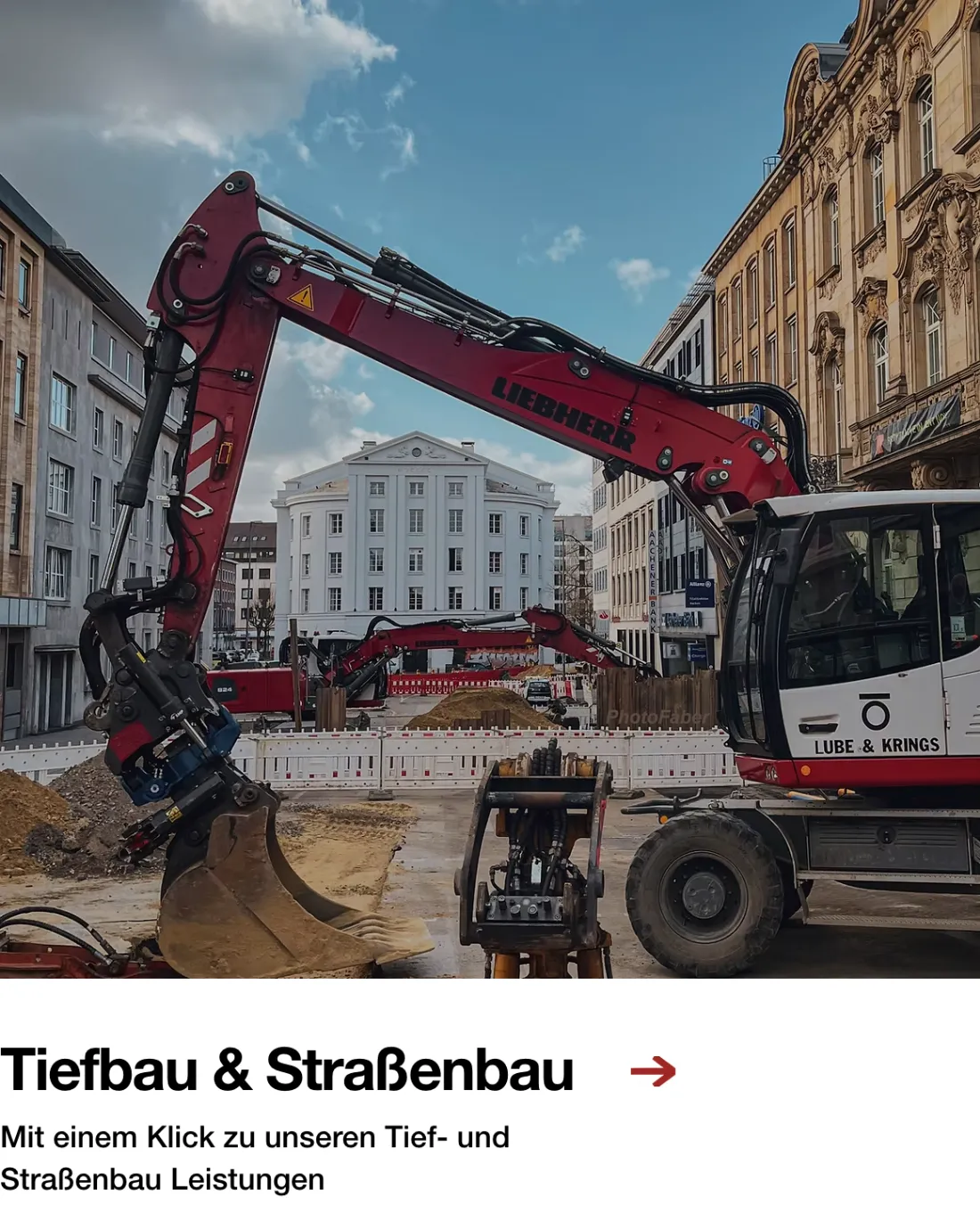 Ausschnitt der Website von LUBE & KRINGS GmbH, Aachen: Zwei klare Begriffe im Titel bündeln Tief- und Straßenbau; 1 Klick zur Übersicht — der Besucher muss nicht raten, wo starten.
