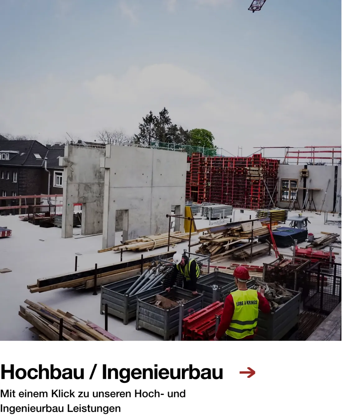 Ausschnitt der Website von LUBE & KRINGS GmbH, Aachen: Doppelte Rubrik Hochbau/Ingenieurbau zeigt die Spanne und verlinkt mit 1 Klick — wer plant, findet schnell die Leistungen.