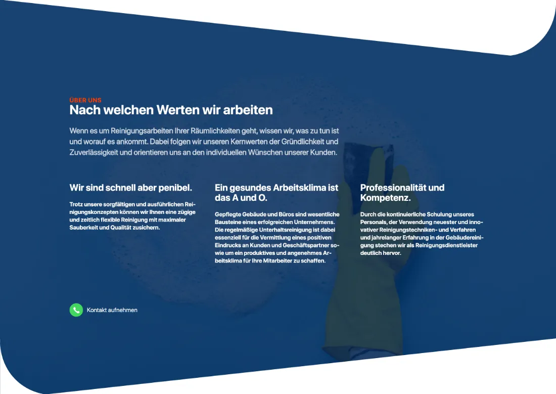 Ausschnitt der Website von LUNA Service GmbH, Leipzig: Drei klar benannte Werte mit kurzen Erklärungen — wer prüft, versteht in Sekunden, wofür der Betrieb steht.