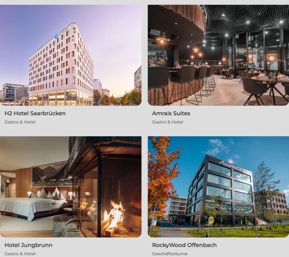 Ausschnitt der Website von Maden, Stuttgart: Vier einheitliche Projektkacheln mit Name und Einsatzbereich — wer nach Gastro oder Büros sucht, findet passende Beispiele sofort.