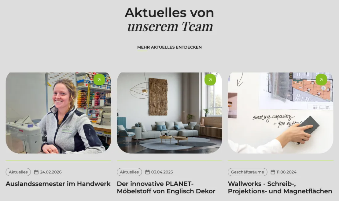 Ausschnitt der Website von Maden, Stuttgart: Drei Beiträge mit Datum von 2024 bis 2026 — wer prüfen will, wie aktiv das Team ist, sieht gepflegte Inhalte auf einen Blick.
