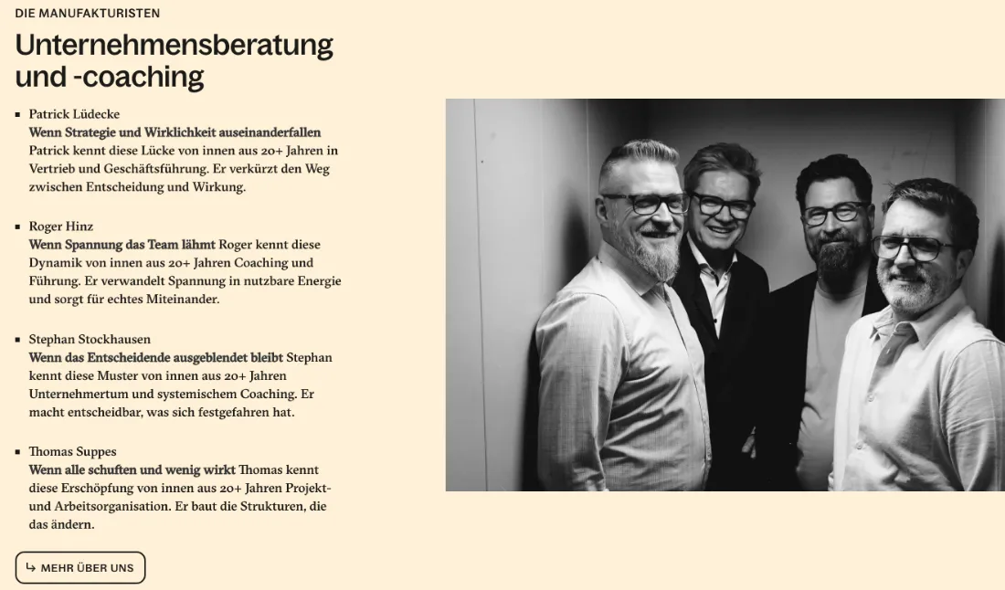 Ausschnitt der Website von Manufaktur für Wachstum GmbH, Bochum: Vier kurze Profile nennen typische Probleme und 20+ Jahre Erfahrung — der Besucher ordnet schnell zu, wer wofür passt.