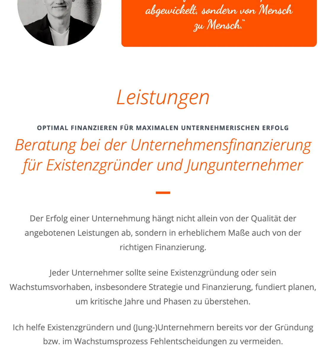 Ausschnitt der Website von Dipl.-Kfm. Markus Hübner Unternehmensberatung, Hannover: Überschrift nennt die konkrete Leistung und zwei Zielgruppen — wer gründet oder jung führt, erkennt Relevanz ohne Umwege.