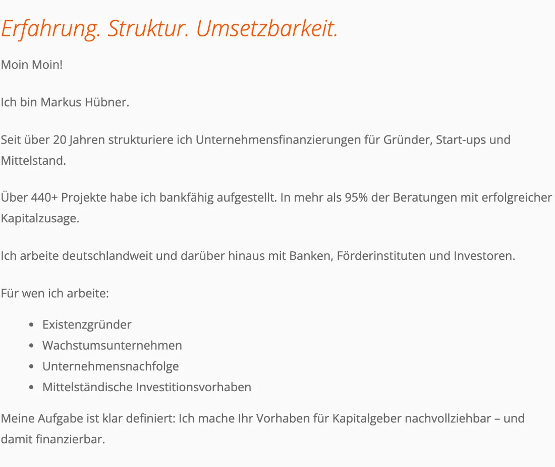 Ausschnitt der Website von Dipl.-Kfm. Markus Hübner Unternehmensberatung, Hannover: Konkrete Zahlen belegen Erfahrung: 20 Jahre, 440+ Projekte, 95% Zusagen — der Besucher kann Kompetenz und Trefferquote einordnen.