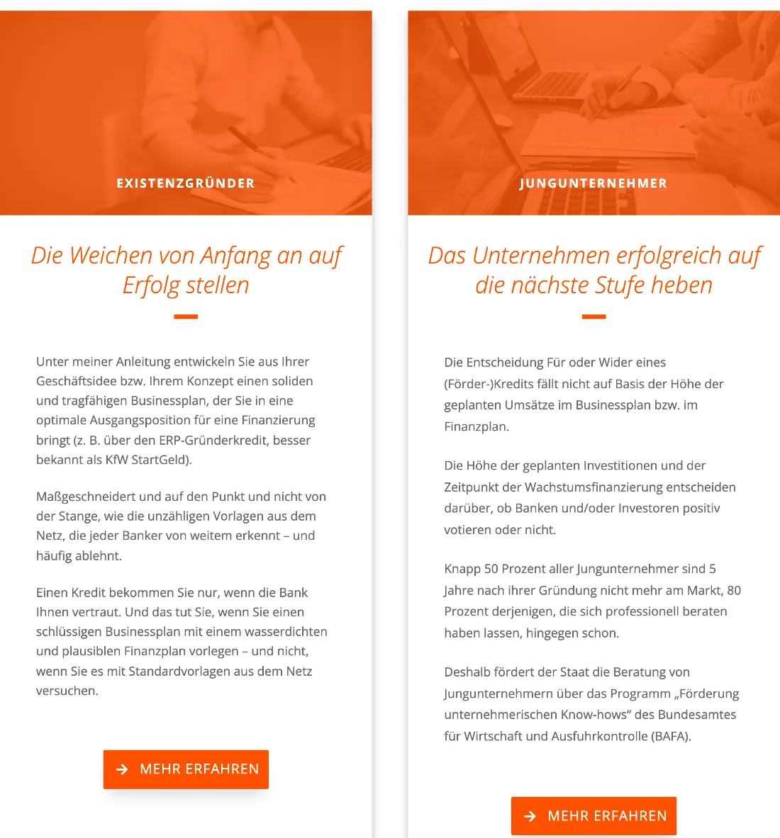 Ausschnitt der Website von Dipl.-Kfm. Markus Hübner Unternehmensberatung, Hannover: Zwei Kacheln für Existenzgründer und Jungunternehmer mit „Mehr erfahren“ — der Besucher findet schneller zur passenden Detailseite.
