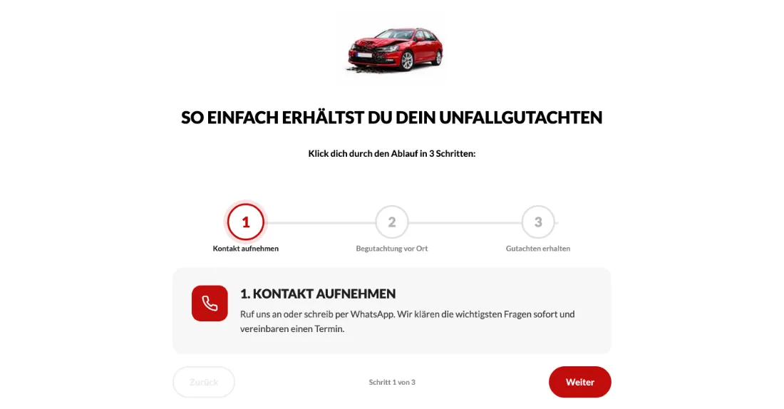 Ausschnitt der Website von Markus & Partner, Bremen: Drei-Schritte-Ablauf mit Fortschrittsanzeige und Start per Telefon/WhatsApp — wer sucht, erkennt Aufwand, Reihenfolge und nächsten Schritt.