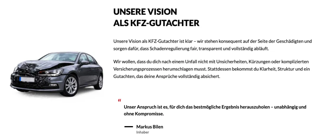 Ausschnitt der Website von Markus & Partner, Bremen: Visionstext mit klaren Zusagen und unterschriebenem Zitat — wer vergleicht, erkennt Haltung zu Unabhängigkeit und fairer Schadenregulierung.