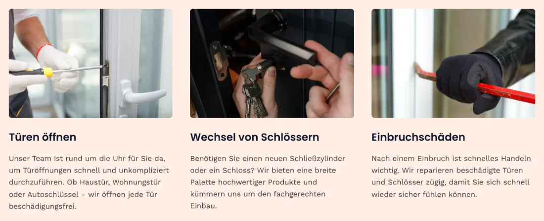 Ausschnitt der Website von MasterKey Schlüsseldienst Berlin, Berlin: Überschriften und kurze Absätze in drei Kacheln — wer sucht, erkennt die Hauptleistungen in Sekunden und spart Klicks.