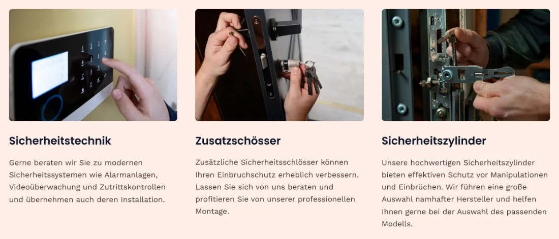 Ausschnitt der Website von MasterKey Schlüsseldienst Berlin, Berlin: Drei Präventions-Angebote mit Erklärung und Bild — der Besucher sieht Alternativen zur Notöffnung und kann Vorsorge planen.