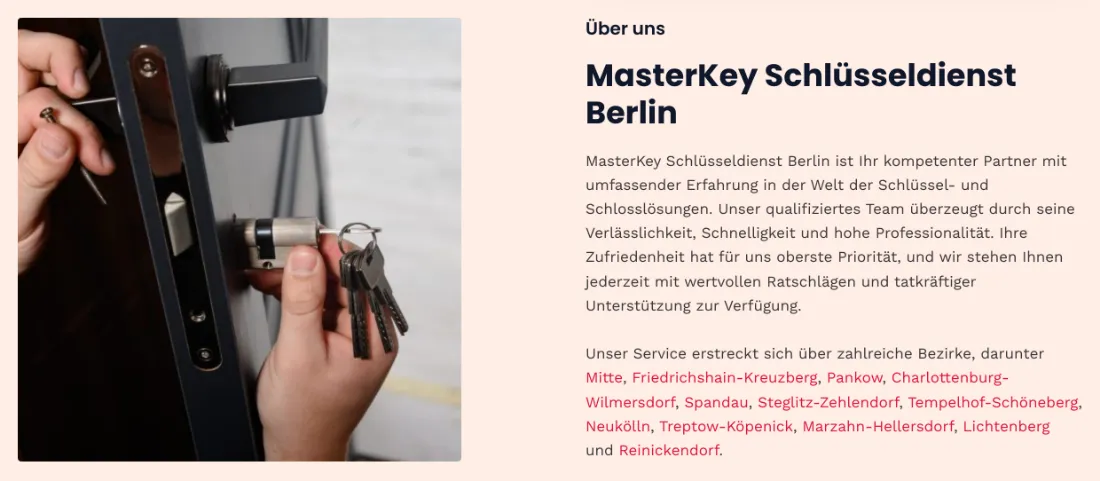 Ausschnitt der Website von MasterKey Schlüsseldienst Berlin, Berlin: Zwölf klar verlinkte Bezirke im Text — das Einsatzgebiet ist sofort ersichtlich, Anfahrtsfragen entfallen.