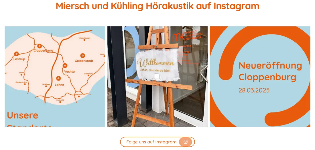 Ausschnitt der Website von Miersch und Kühling Hörgeräte GmbH, Landkreis Vechta: Drei Kacheln zeigen Karte und Termin 28.03.2025 — wer nach Neuigkeiten sucht, erkennt Öffnungen sofort und findet den Instagram‑Link.