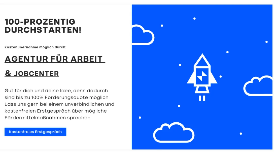 Ausschnitt der Website von Mile Two Consulting, Leipzig: 100% als Förderquote und Agentur/Jobcenter genannt — wer gründet, sieht sofort: volle Förderung möglich und Erstgespräch gratis.