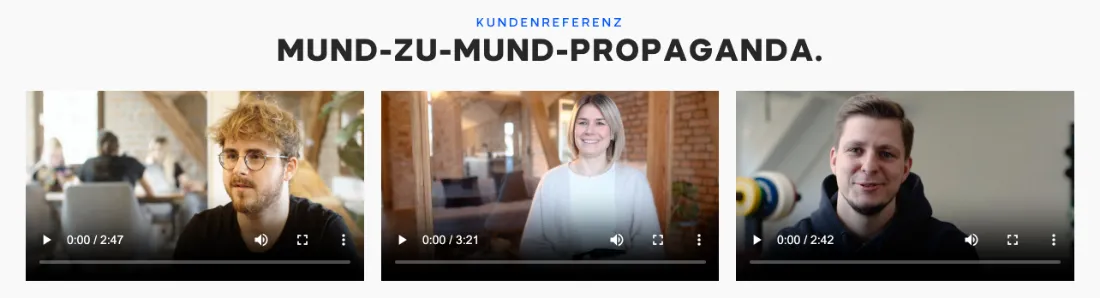 Ausschnitt der Website von Mile Two Consulting, Leipzig: Drei Referenzvideos mit 2:47, 3:21 und 2:42 — wer prüft, bekommt kompakte O-Töne und kann Glaubwürdigkeit schnell einschätzen.