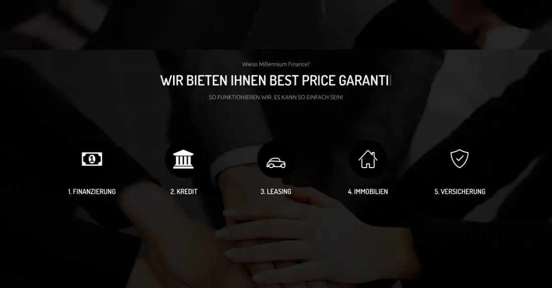 Ausschnitt der Website von Millennium Finance, Wiesbaden: Fünf Leistungen als nummerierte Icons — wer sucht, erkennt den Umfang sofort und landet mit einem Klick in der passenden Rubrik.