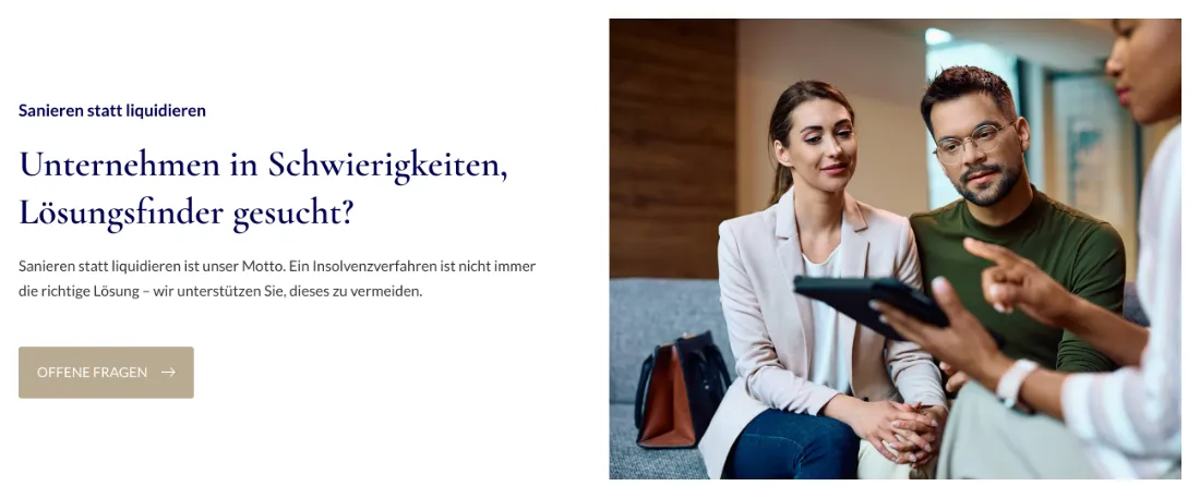 Ausschnitt der Website von MyPartner Unternehmensberatung, Dortmund: Fragezeile und Motto 'Sanieren statt liquidieren' plus klarer CTA — wer sucht, erfasst Angebot und nächsten Schritt ohne Rätsel.
