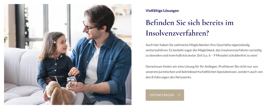 Ausschnitt der Website von MyPartner Unternehmensberatung, Dortmund: Konkreter Zeithorizont '6–9 Monate' statt Floskeln — der Besucher kann Aufwand und Ergebnis des Vorhabens sofort besser einschätzen.