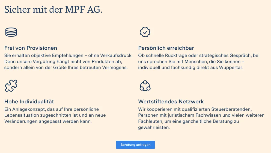 Ausschnitt der Website von MPF AG, Wuppertal: Provisionsfreiheit wird mit Vergütungsmodell erklärt — der Besucher erkennt, dass Empfehlungen nicht von Produkten abhängen.