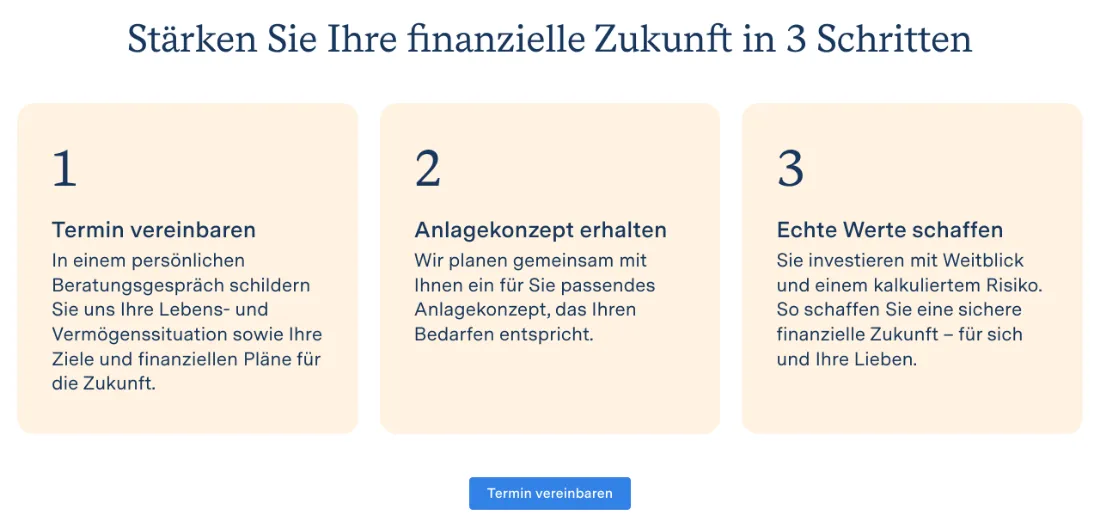Ausschnitt der Website von MPF AG, Wuppertal: Drei nummerierte Schritte beschreiben den Ablauf klar — wer neu ist, versteht Vorgehen und Aufwand vor dem ersten Kontakt.
