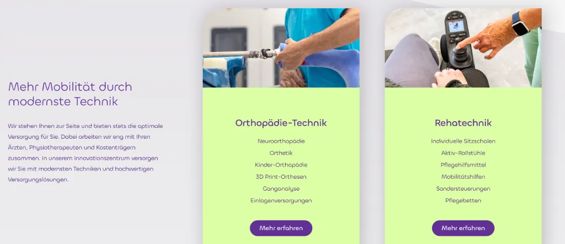 Ausschnitt der Website von MPM Mittelpunkt Mensch GmbH, Hamburg: Zwei klar getrennte Bereiche mit je 6 Unterpunkten — wer sucht, findet schnell die passende Versorgung und den Klickweg.