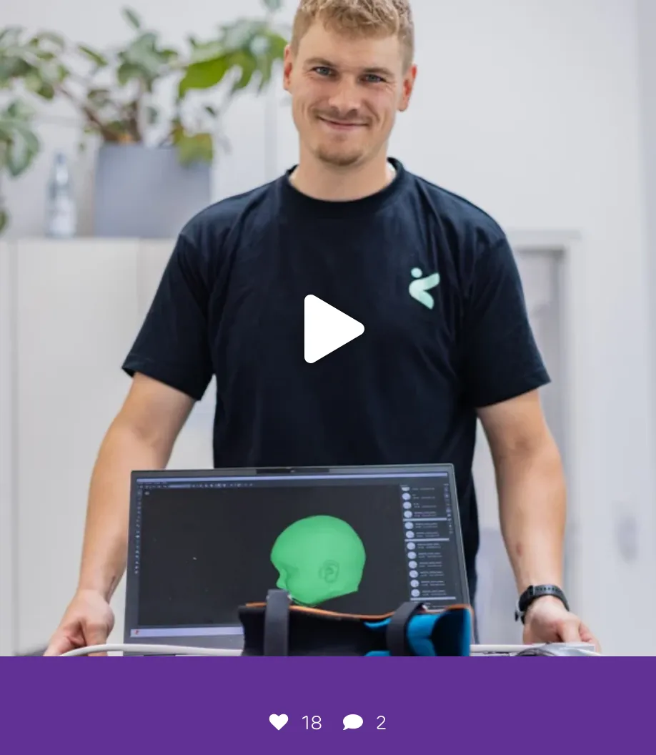 Ausschnitt der Website von MPM Mittelpunkt Mensch GmbH, Hamburg: Video-Vorschau mit Play-Symbol und sichtbarem 3D-Modell — 18 Likes, 2 Kommentare zeigen Resonanz und machen den Prozess greifbar.