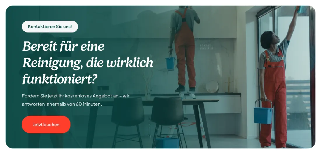 Ausschnitt der Website von Mr. Sauber, München: Deutlicher Call‑to‑Action mit 60‑Minuten‑Antwort und rotem Button — wer entscheidet, findet den nächsten Schritt sofort.