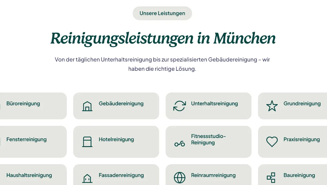 Ausschnitt der Website von Mr. Sauber, München: Zwölf klar beschriftete Kacheln mit Icons — wer sucht, erfasst das Angebot in Sekunden und findet die passende Leistung.