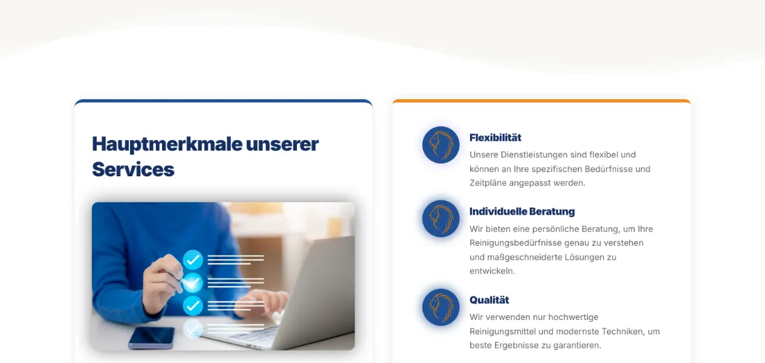 Ausschnitt der Website von Mobiler Service Chukwu, Hochtaunuskreis: 3 klar benannte Kernpunkte mit Kurztexten — der Besucher erkennt in Sekunden, wofür der Betrieb steht und was zu erwarten ist.