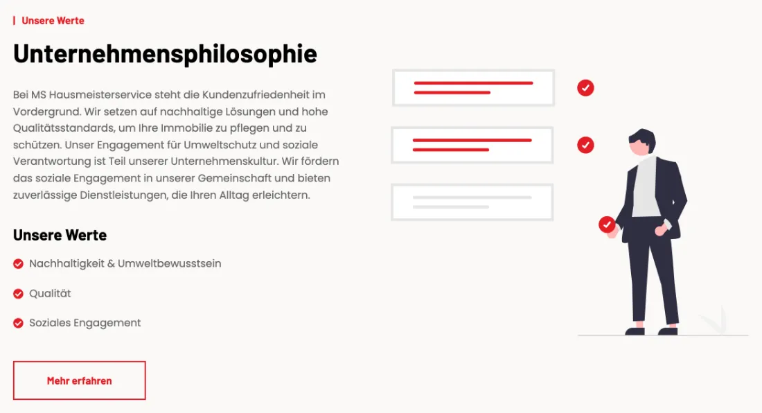 Ausschnitt der Website von MsHausmeisterservice, München: Überschrift und kurzer Absatz erklären Haltung, darunter drei klar benannte Werte — wer sucht, erkennt in Sekunden die Prioritäten.
