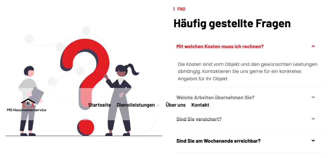 Ausschnitt der Website von MsHausmeisterservice, München: FAQ als Akkordeon mit vier Fragen, die Kostenfrage ist geöffnet — wer prüft, erhält sofort Orientierung ohne Scrollen.