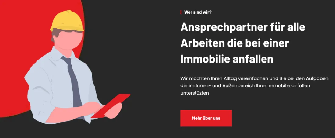 Ausschnitt der Website von MsHausmeisterservice, München: Klare Aussage zur Zuständigkeit und ein Button „Mehr über uns“ — der Besucher weiß sofort, wohin der nächste Klick führt.