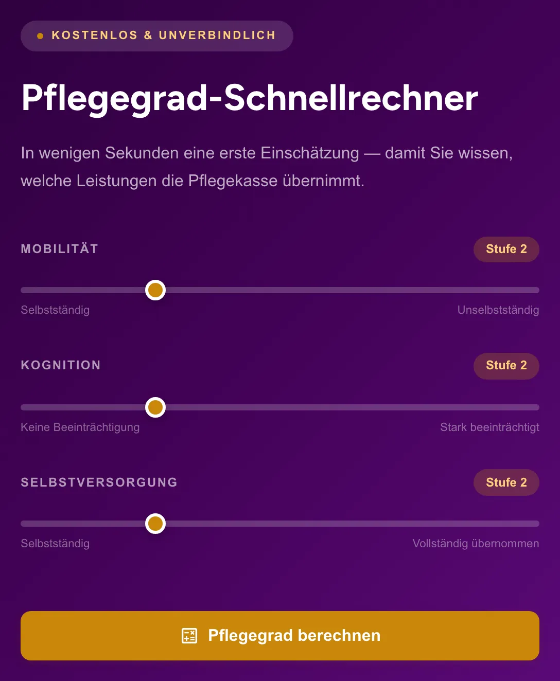Ausschnitt der Website von MultiCare Ambulanter Pflegedienst GmbH, Frankfurt am Main: Drei Schieberegler mit direkter Stufenanzeige — wer sucht, versteht die Einstufung sofort und berechnet den Pflegegrad per Klick.
