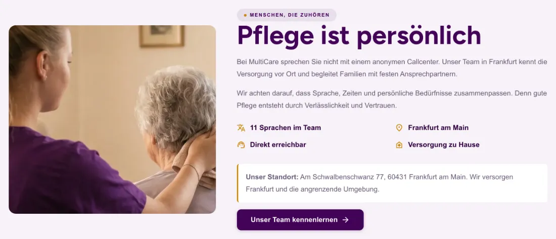 Ausschnitt der Website von MultiCare Ambulanter Pflegedienst GmbH, Frankfurt am Main: 11 Sprachen, direkte Erreichbarkeit und Standort in Frankfurt — wer sucht, versteht Angebot und Einzugsgebiet ohne Nachfragen.