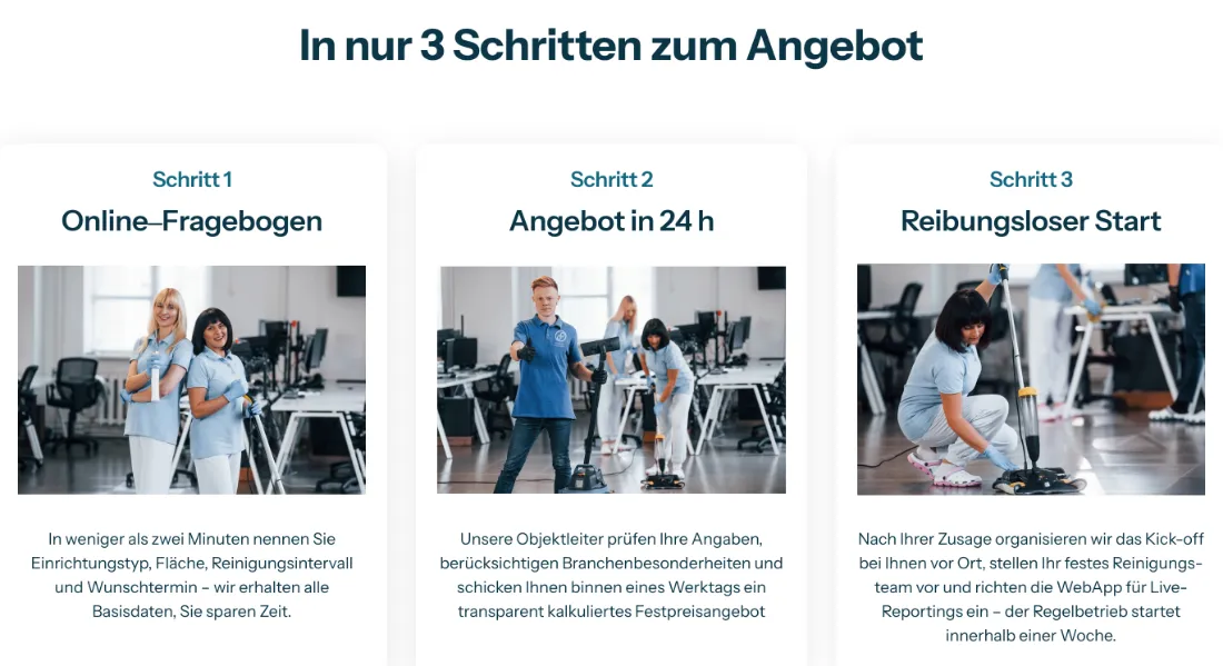 Ausschnitt der Website von Expert Cleaning GmbH, Landkreis München: Klarer 3‑Schritte‑Ablauf mit Zeiten (24 h, Start binnen 1 Woche) — wer sucht, erkennt Aufwand und Tempo auf einen Blick.