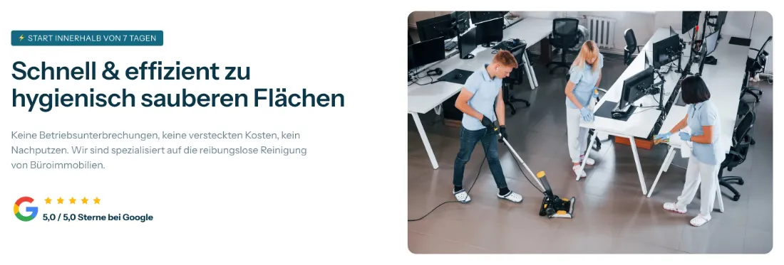 Ausschnitt der Website von Expert Cleaning GmbH, Landkreis München: Start‑Hinweis „innerhalb von 7 Tagen“ plus 5,0/5,0 Google‑Bewertung — wer prüft, bekommt Planbarkeit und einen externen Beleg.