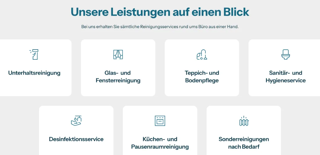 Ausschnitt der Website von Expert Cleaning GmbH, Landkreis München: Sieben Kacheln mit präzisen Bezeichnungen — der Besucher erfasst das Leistungsspektrum auf einen Blick und findet schnell den Einstieg.