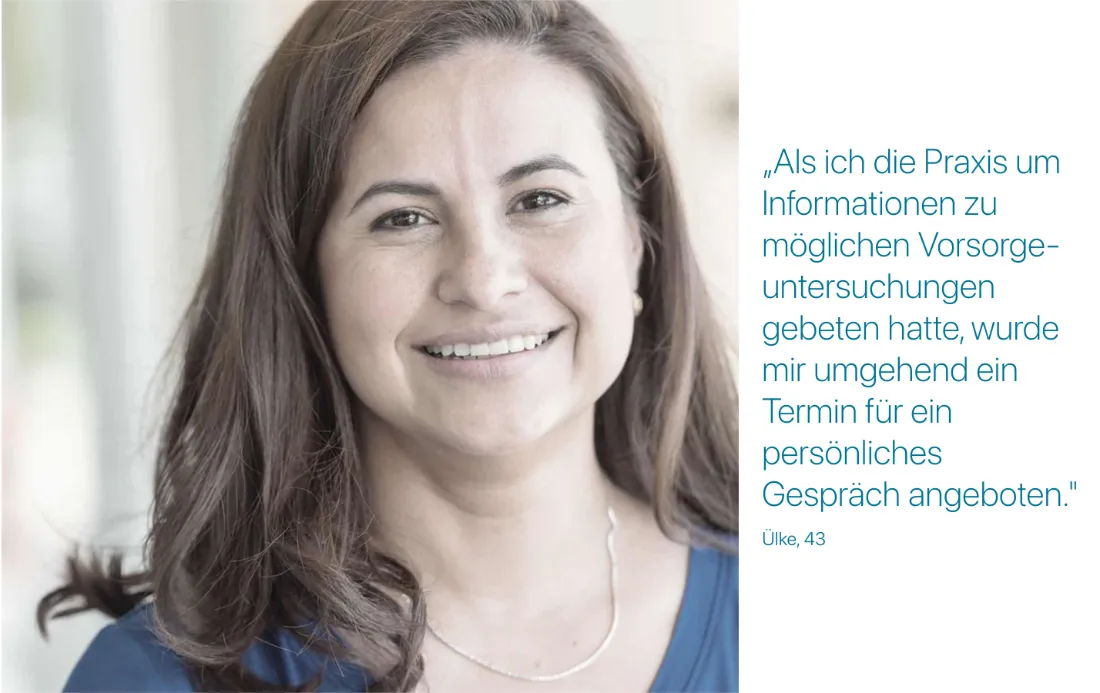 Ausschnitt der Website von MVZ Kreuzberg GmbH, Berlin: Konkretes Zitat mit Altersangabe 43 — erlebte Reaktionszeit („umgehend“) belegt Verbindlichkeit und nimmt Unsicherheit.